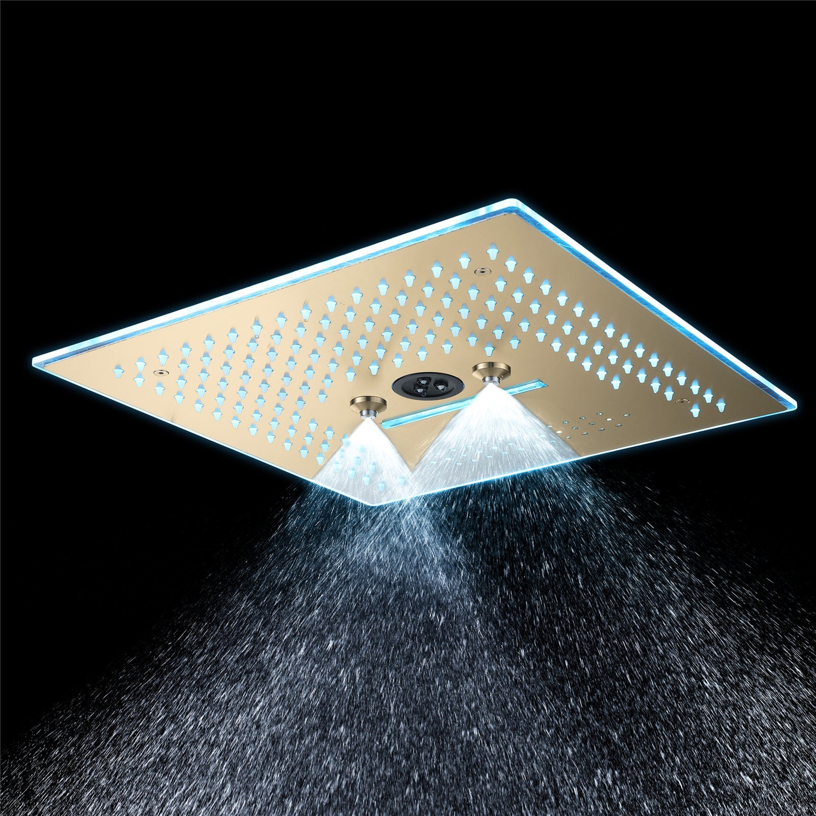 Cabezal de ducha de lluvia, cascada, niebla e hidromasaje de 16 pulgadas con montaje empotrado en oro cepillado con 64 luces LED y música Bluetooth - Grifo de ducha termostático de 5 vías con pantalla digital opcional