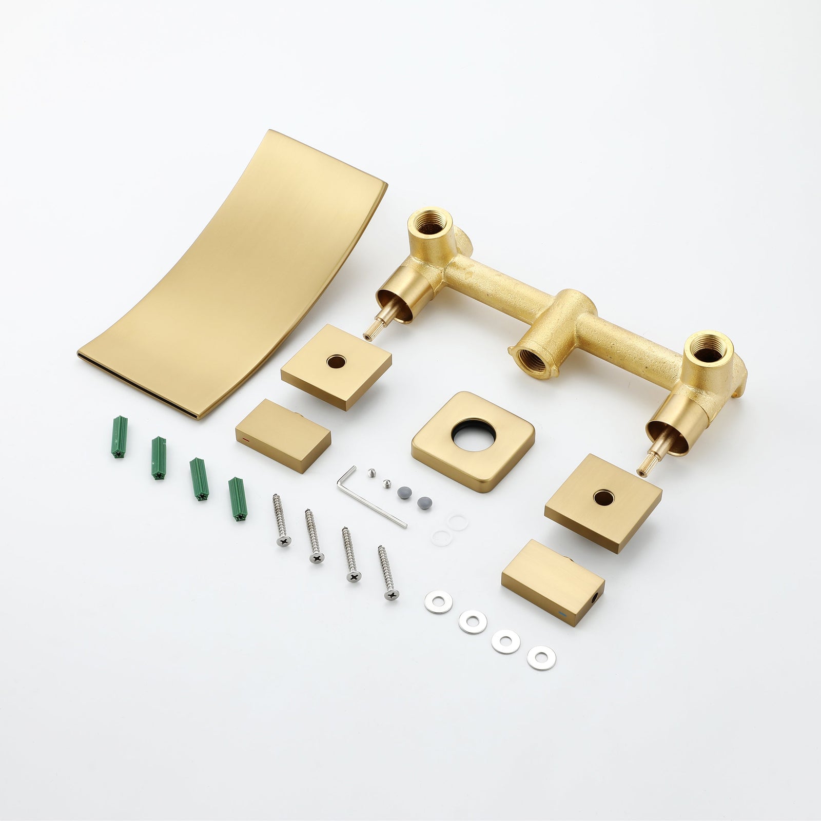 Grifo para lavabo de baño en cascada de montaje en pared en oro cepillado con desagüe emergente de latón y rebosadero