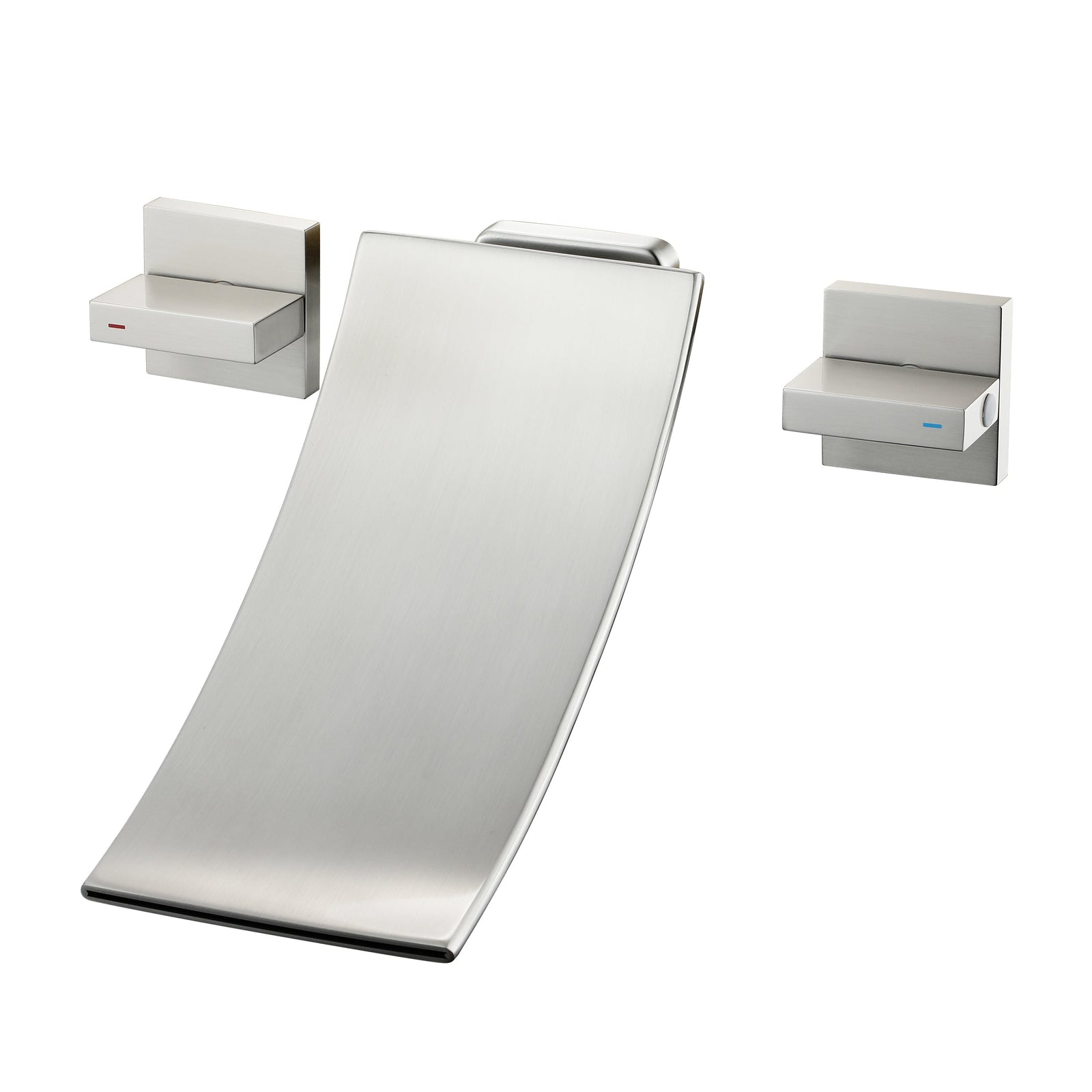 Grifo para lavabo de baño en cascada de níquel cepillado con desagüe emergente de latón y montaje en pared.