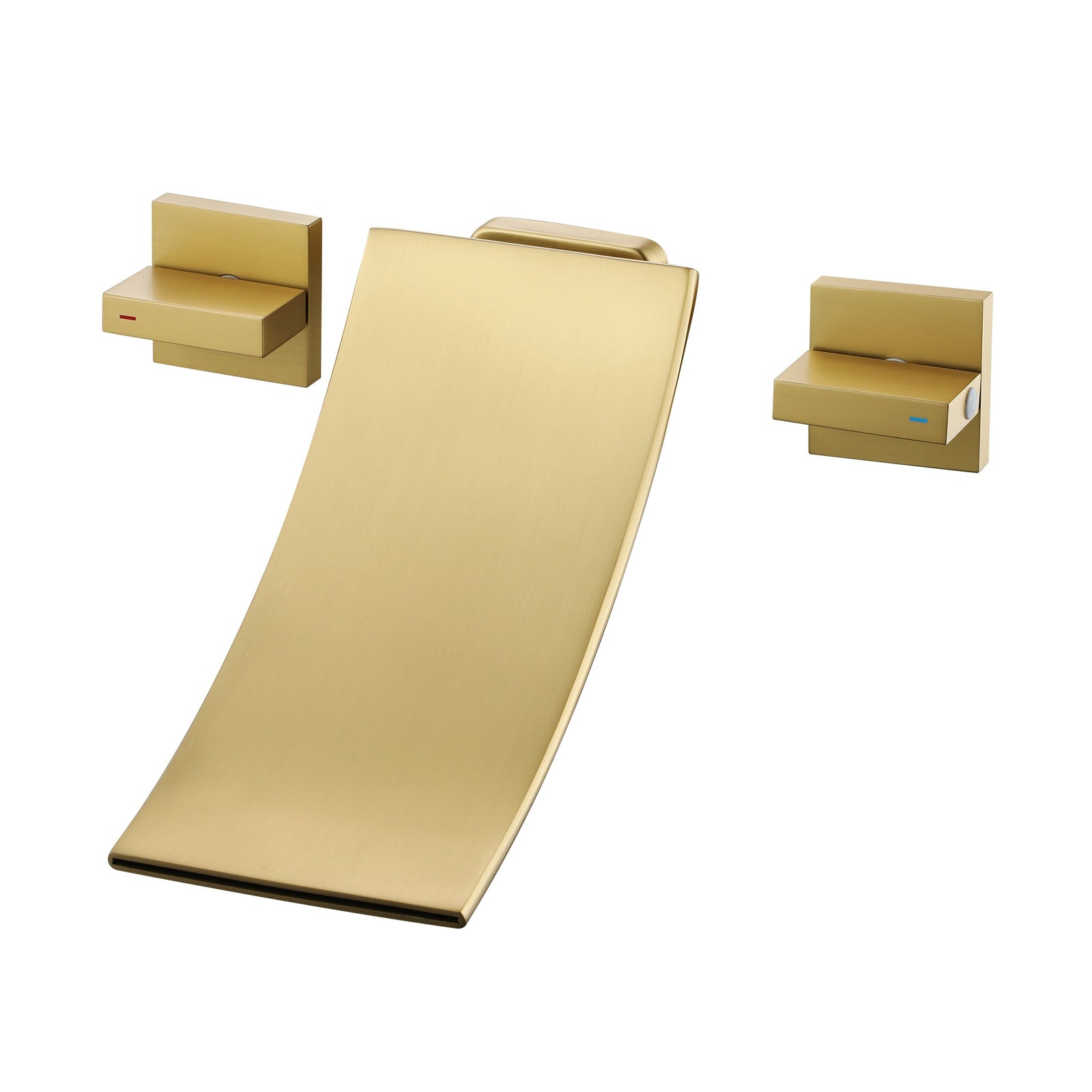 Grifo para lavabo de baño en cascada de montaje en pared en oro cepillado con desagüe emergente de latón y rebosadero
