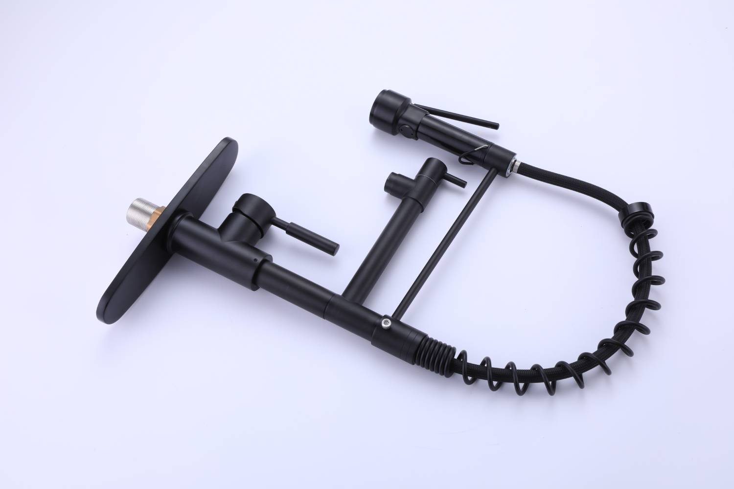 Grifo de cocina de arco alto de latón negro mate con rociador de metal desplegable con placa de cubierta y anillo de bloqueo