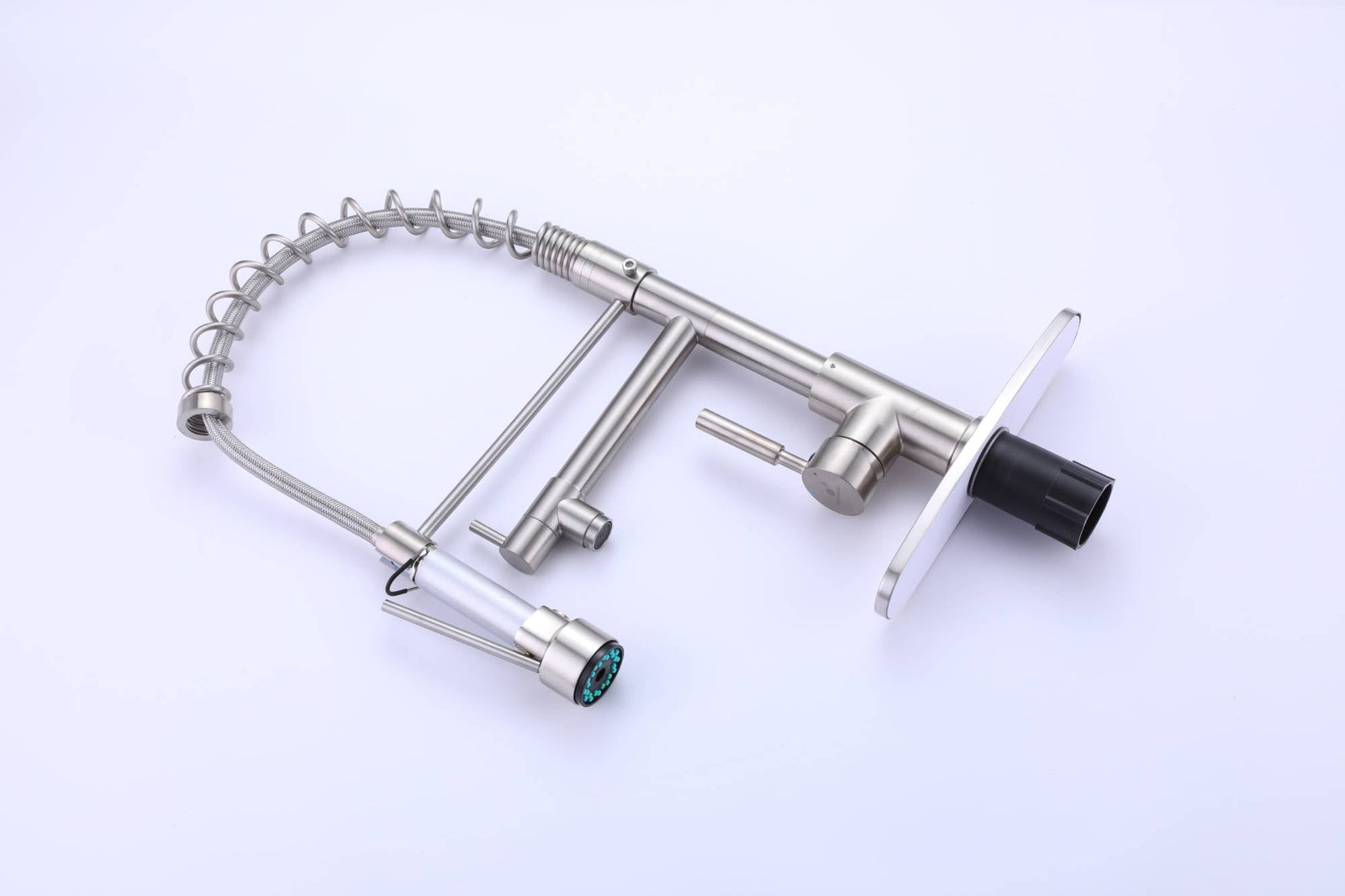 Grifo de cocina de arco alto de níquel cepillado con rociador de metal desplegable con placa de cubierta y anillo de bloqueo
