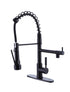 Grifo de cocina de arco alto de latón negro mate con rociador de metal desplegable con placa de cubierta y anillo de bloqueo