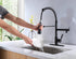 Grifo de cocina de arco alto de latón negro mate con rociador de metal desplegable con placa de cubierta y anillo de bloqueo
