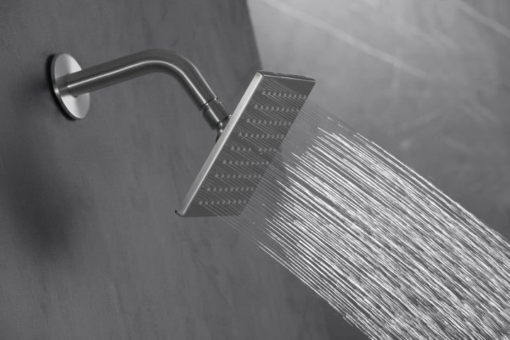 Grifo de ducha termostático de níquel cepillado de 12 pulgadas con montaje empotrado: control de 4 posiciones, LED de 64 colores, música Bluetooth y cabezal estándar 
