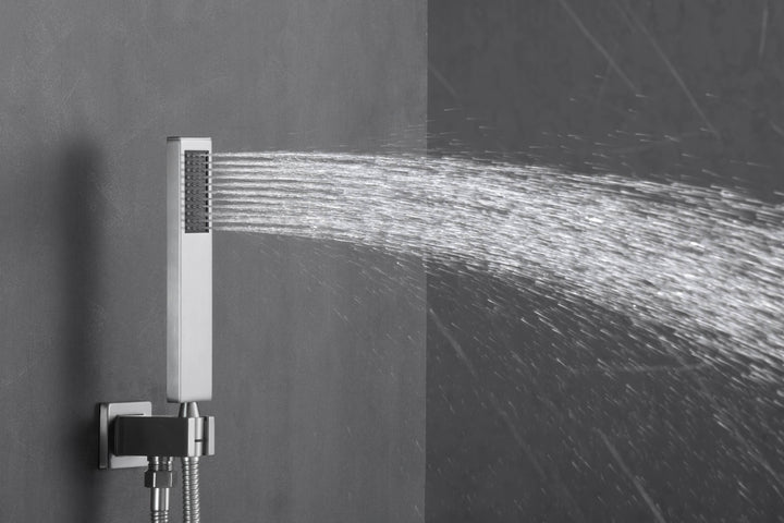 Grifo de ducha termostático de níquel cepillado de 12 pulgadas con montaje empotrado: control de 4 posiciones, LED de 64 colores, música Bluetooth y cabezal estándar 