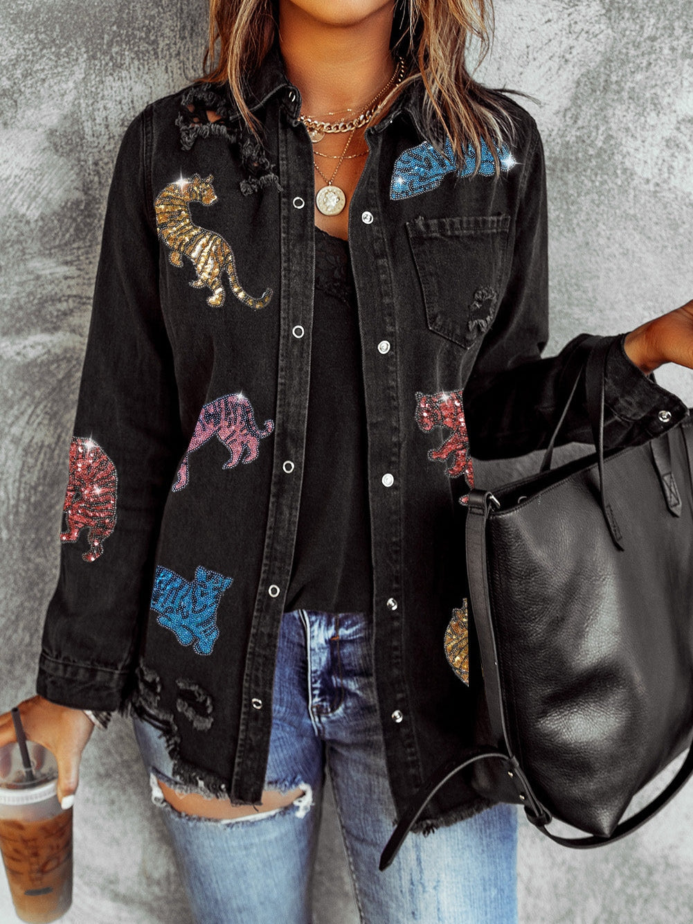 Loose Fit Black Denim Jacket with Tiger Print