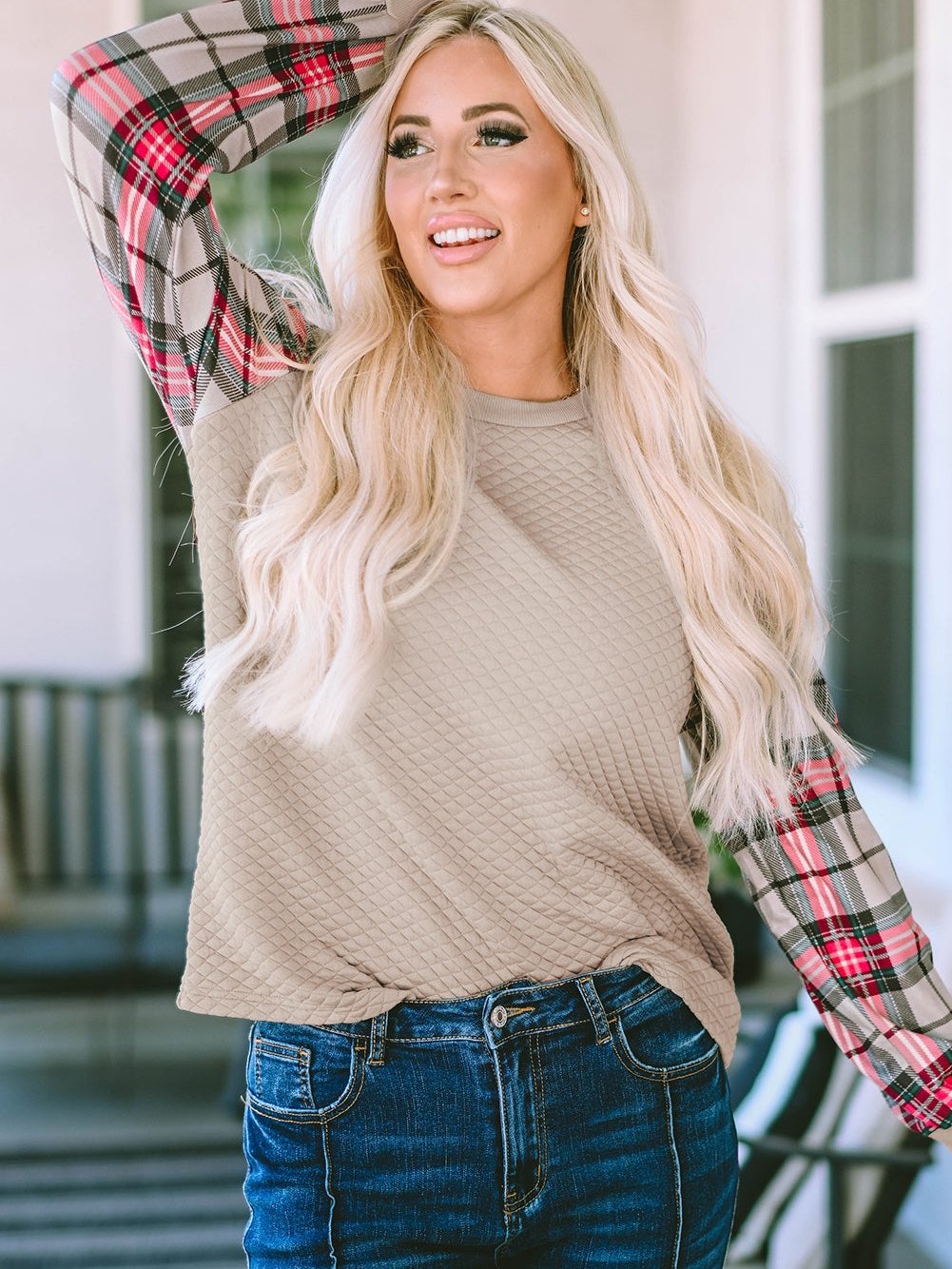 Textured Knit Top with Plaid Sleeves