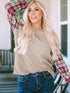 Textured Knit Top with Plaid Sleeves