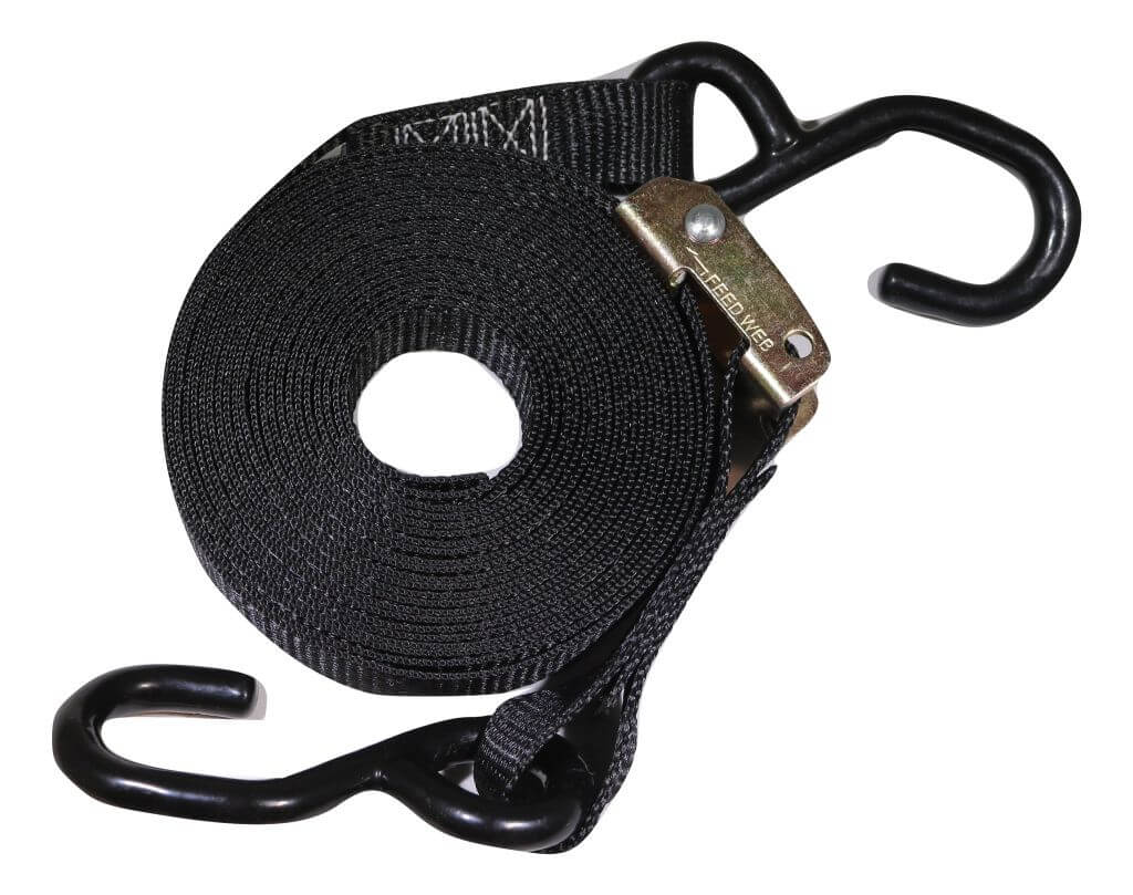 Correa de amarre resistente con hebilla de leva de 2,54 cm x 6,1 m y ganchos de vinilo en forma de S | C120VS-BK