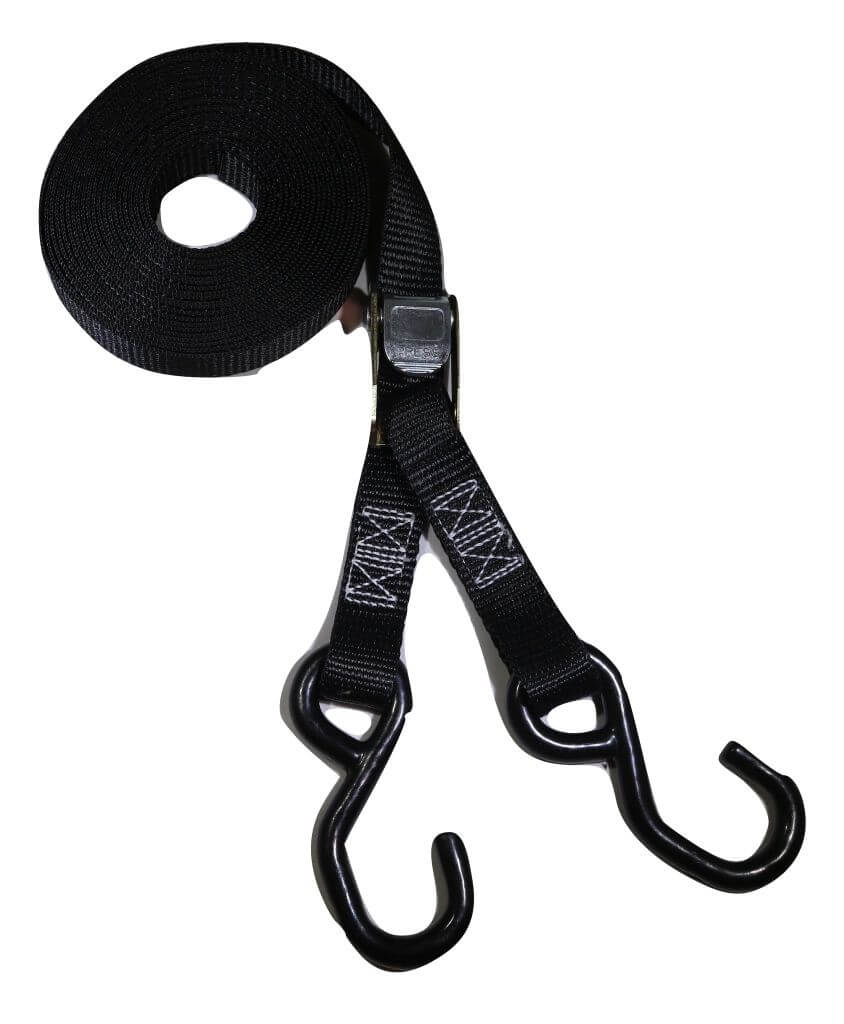Correa de amarre resistente con hebilla de leva de 2,54 cm x 6,1 m y ganchos de vinilo en forma de S | C120VS-BK