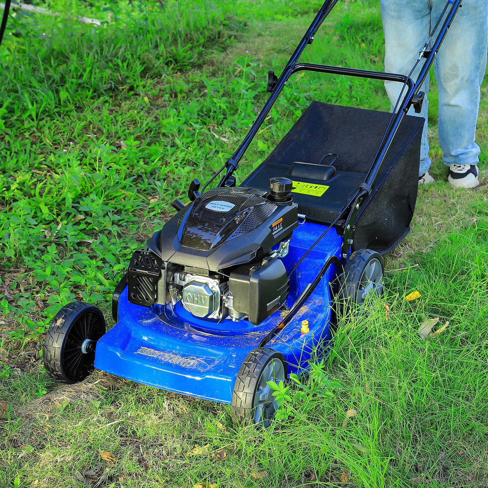 Cortadora de césped autopropulsada BILT HARD de 21 pulgadas, 3 en 1, a gasolina, con motor de 4 tiempos de 201 cc, ensacado, triturado y descarga lateral, altura de corte ajustable de 8 posiciones, arranque fácil.