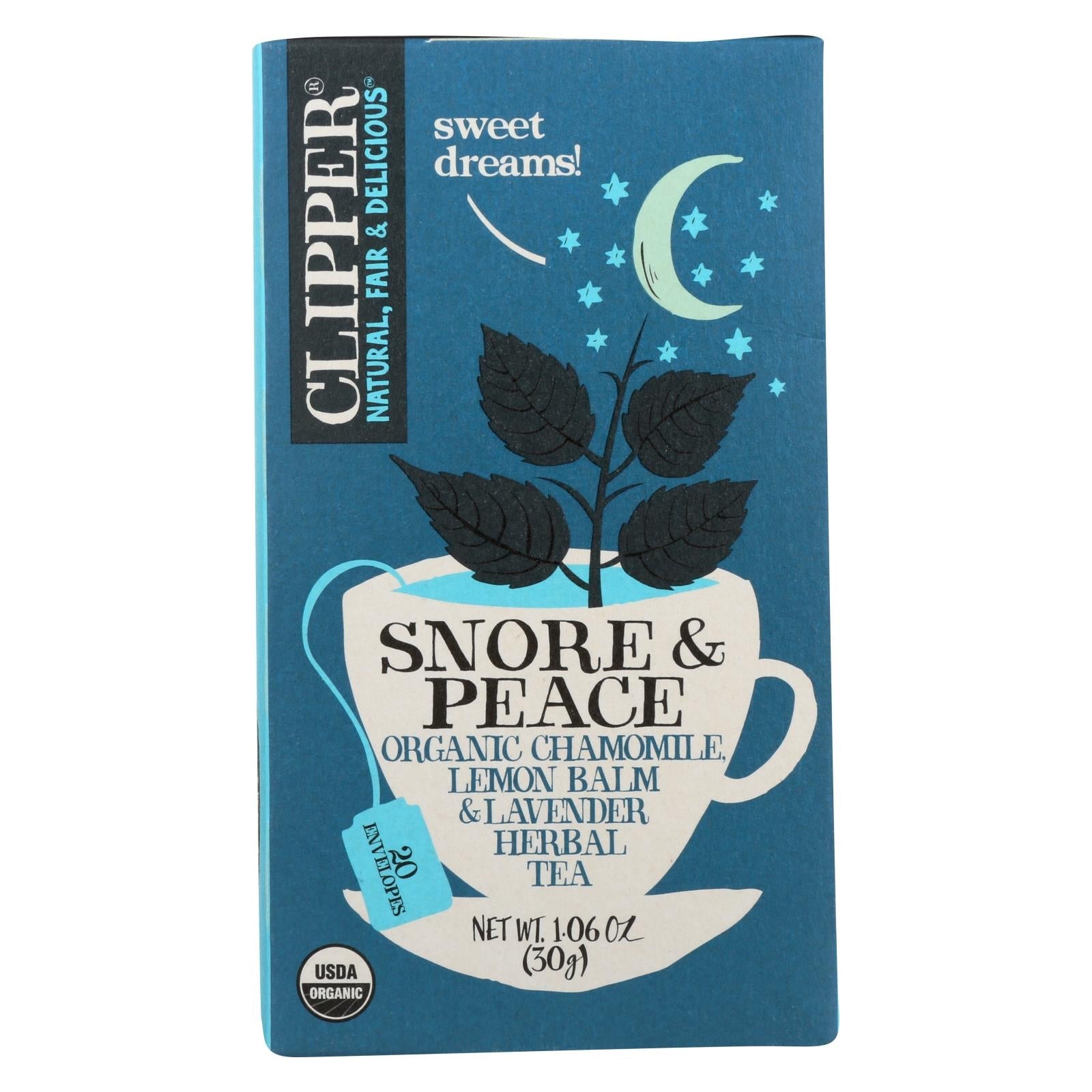Té orgánico Clipper Tea Snore and Peace, mezcla de hierbas calmantes, 20 bolsitas de té por caja (paquete de 6)