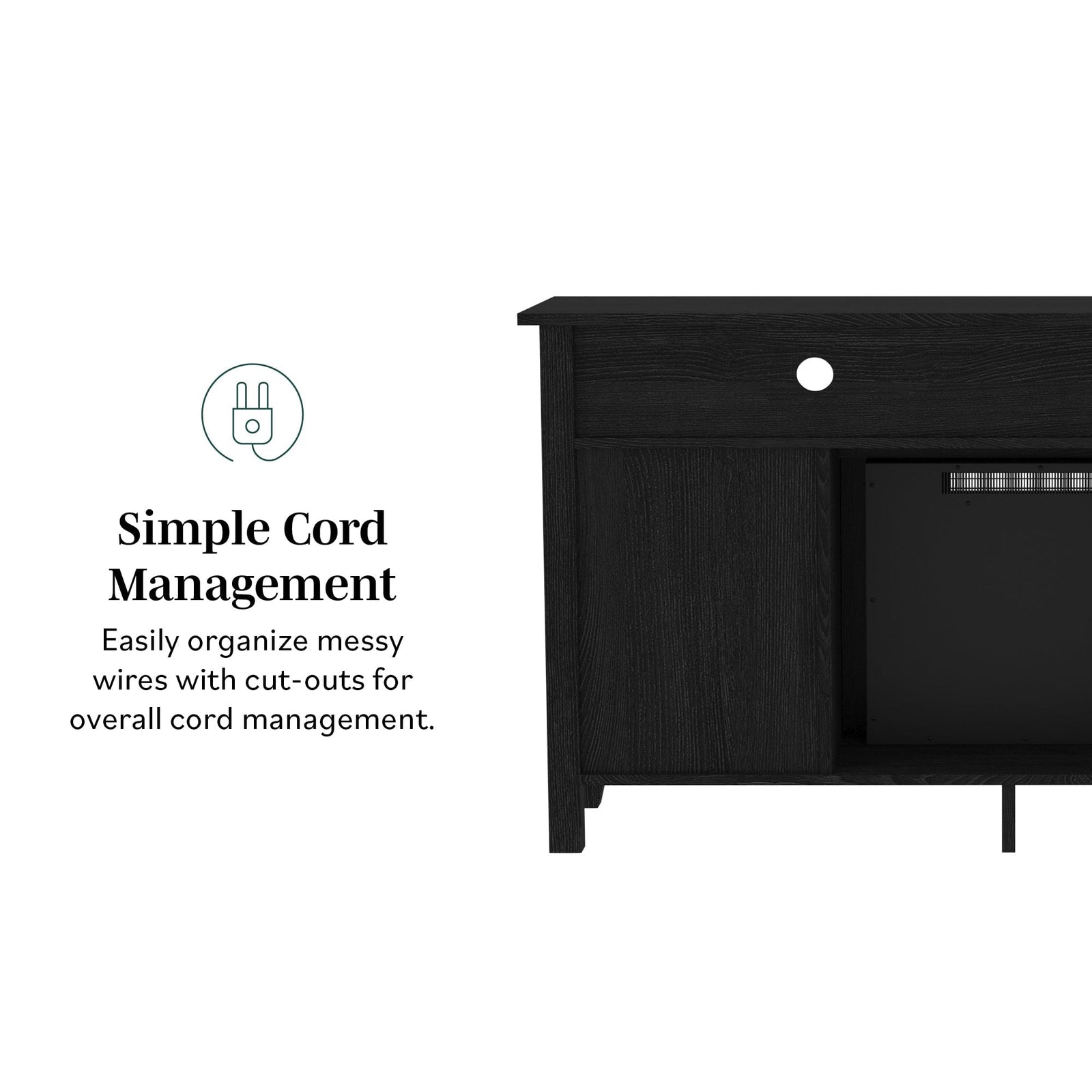 Mueble de TV de madera y vidrio con chimenea de estilo transicional de 58