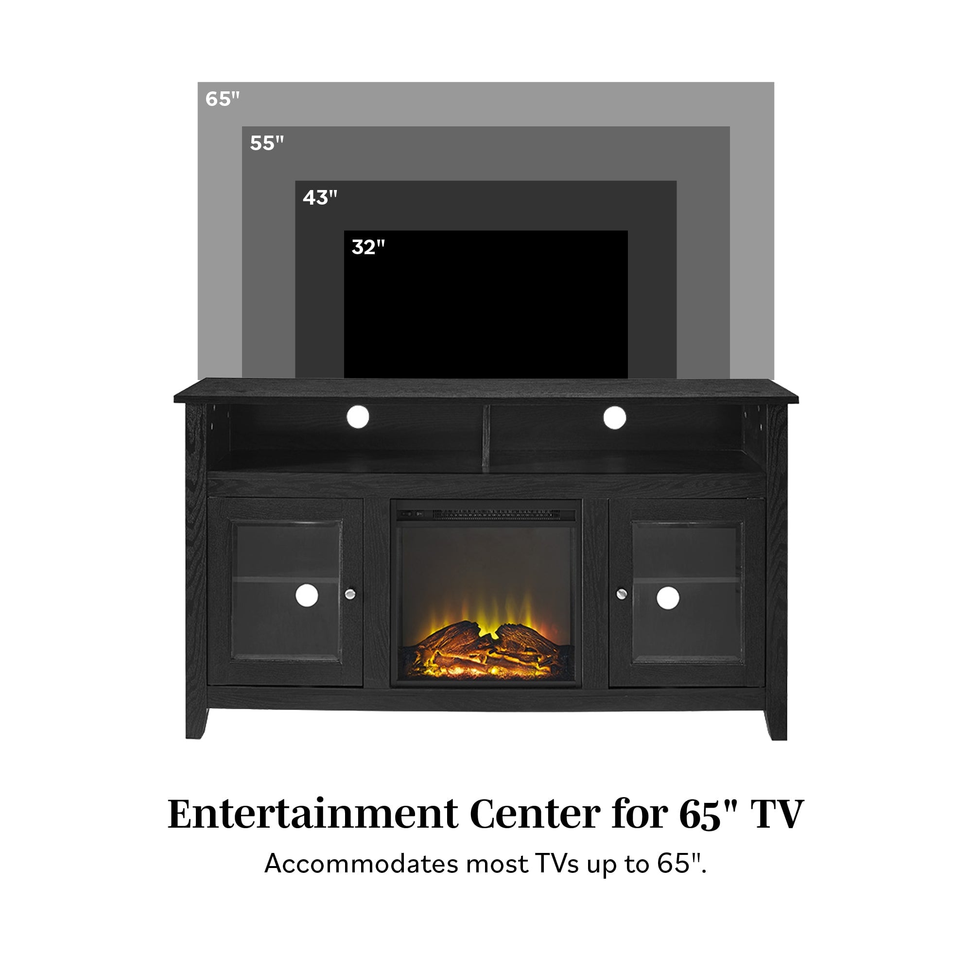 Mueble de TV de madera y vidrio con chimenea de estilo transicional de 58" Wasatch