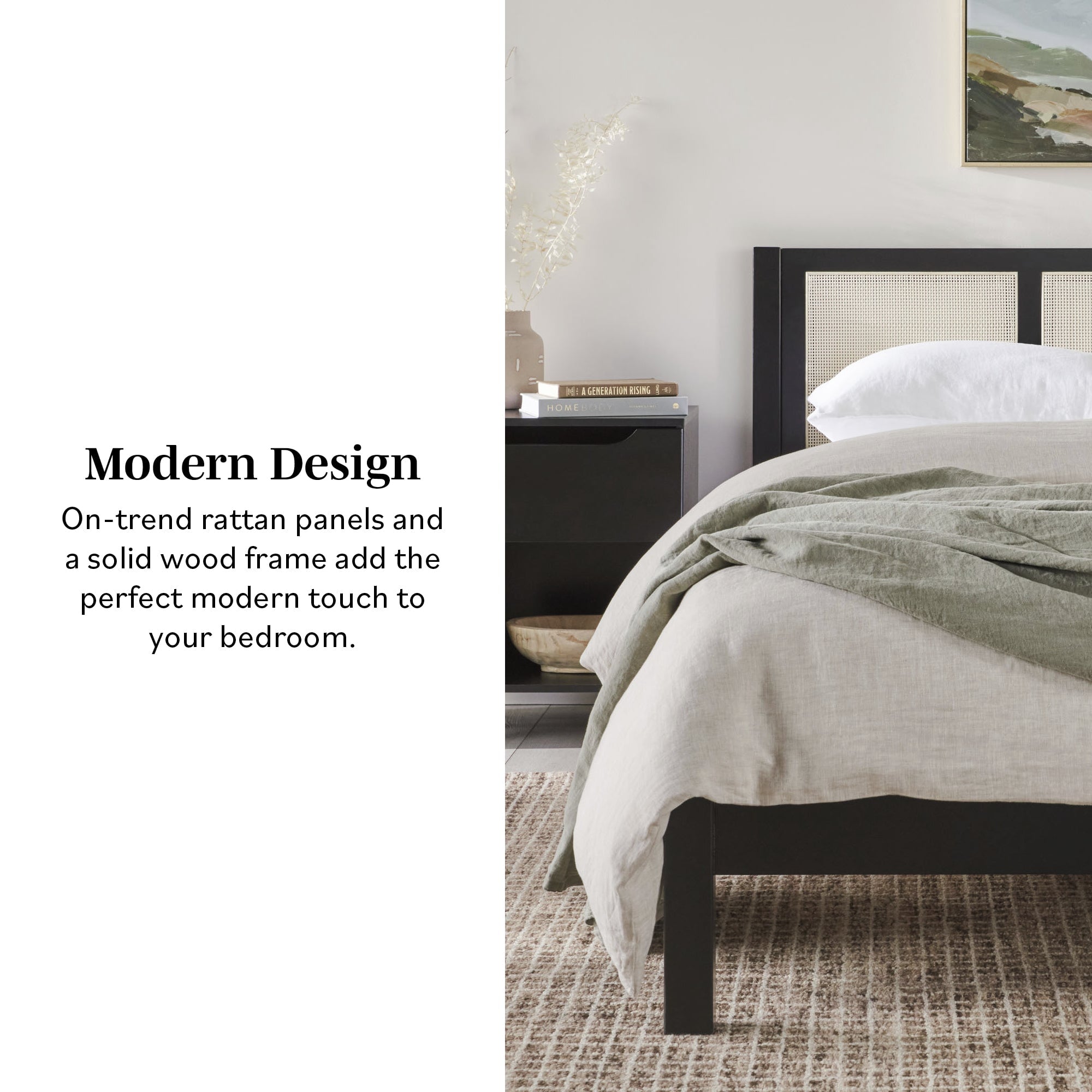 Cama Yasmina con plataforma de madera maciza y paneles de ratán (tamaño Queen o King)