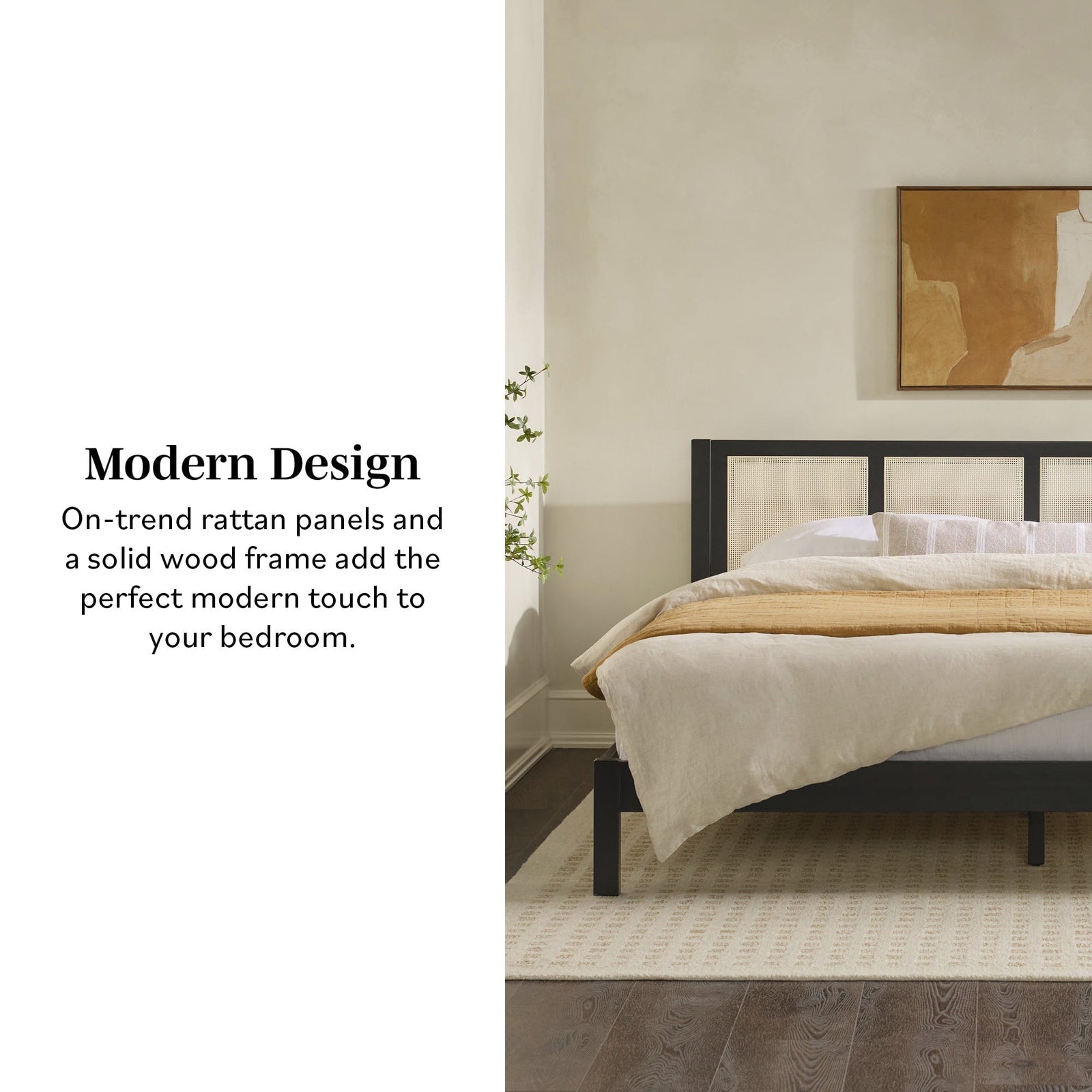 Cama Yasmina con plataforma de madera maciza y paneles de ratán (tamaño Queen o King)