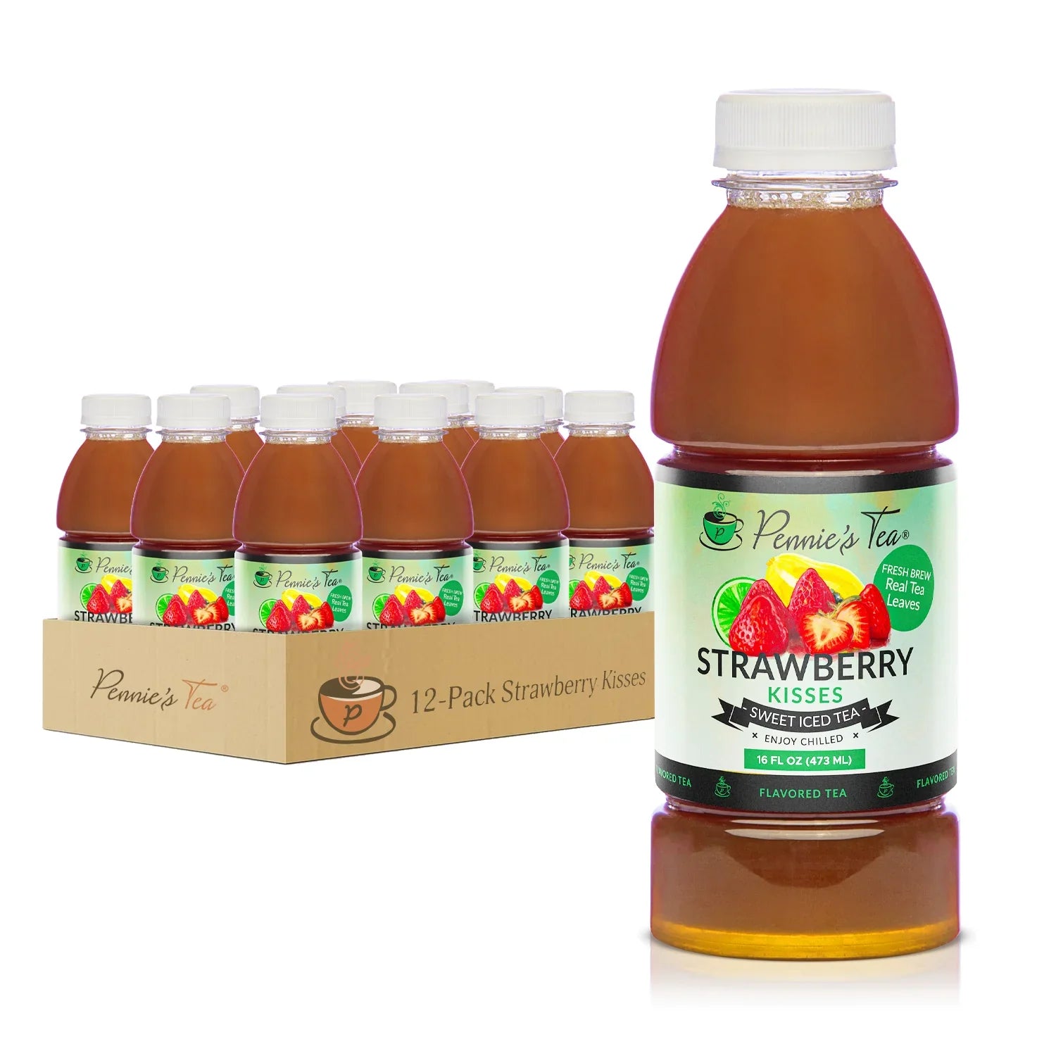 Té helado Pennie's Tea - Strawberry Kisses, 16 onzas líquidas (caja de 12) - Bebida sin gluten