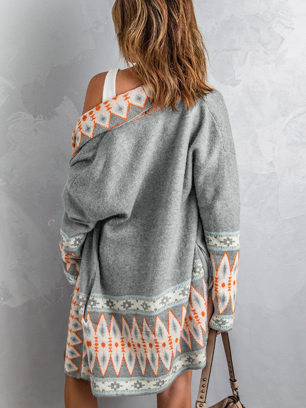 Open Front Long Cardigan with Tribal Print