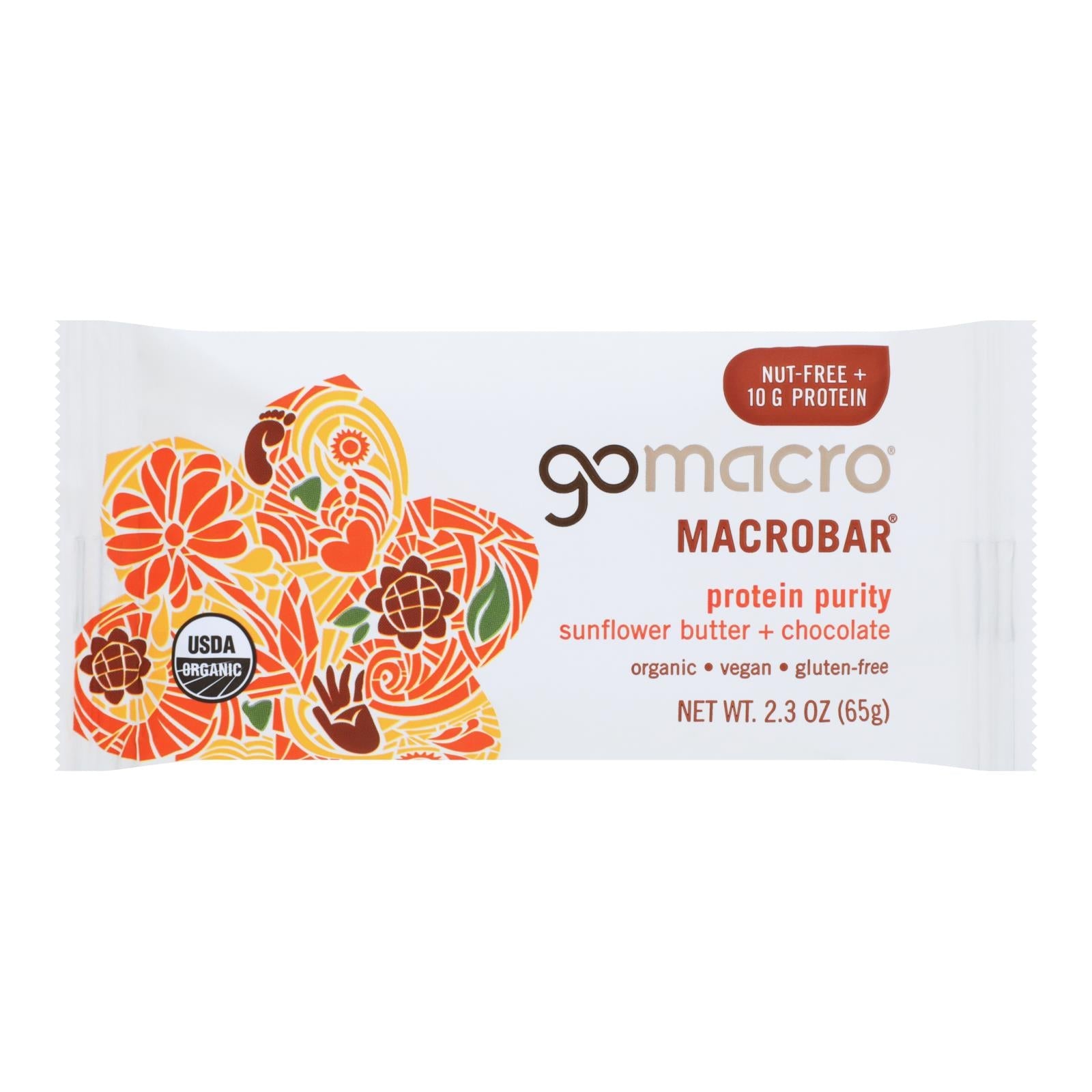 Gomacro Macrobar: Barras de mantequilla de girasol y chocolate orgánico, 2.3 oz (caja de 12)