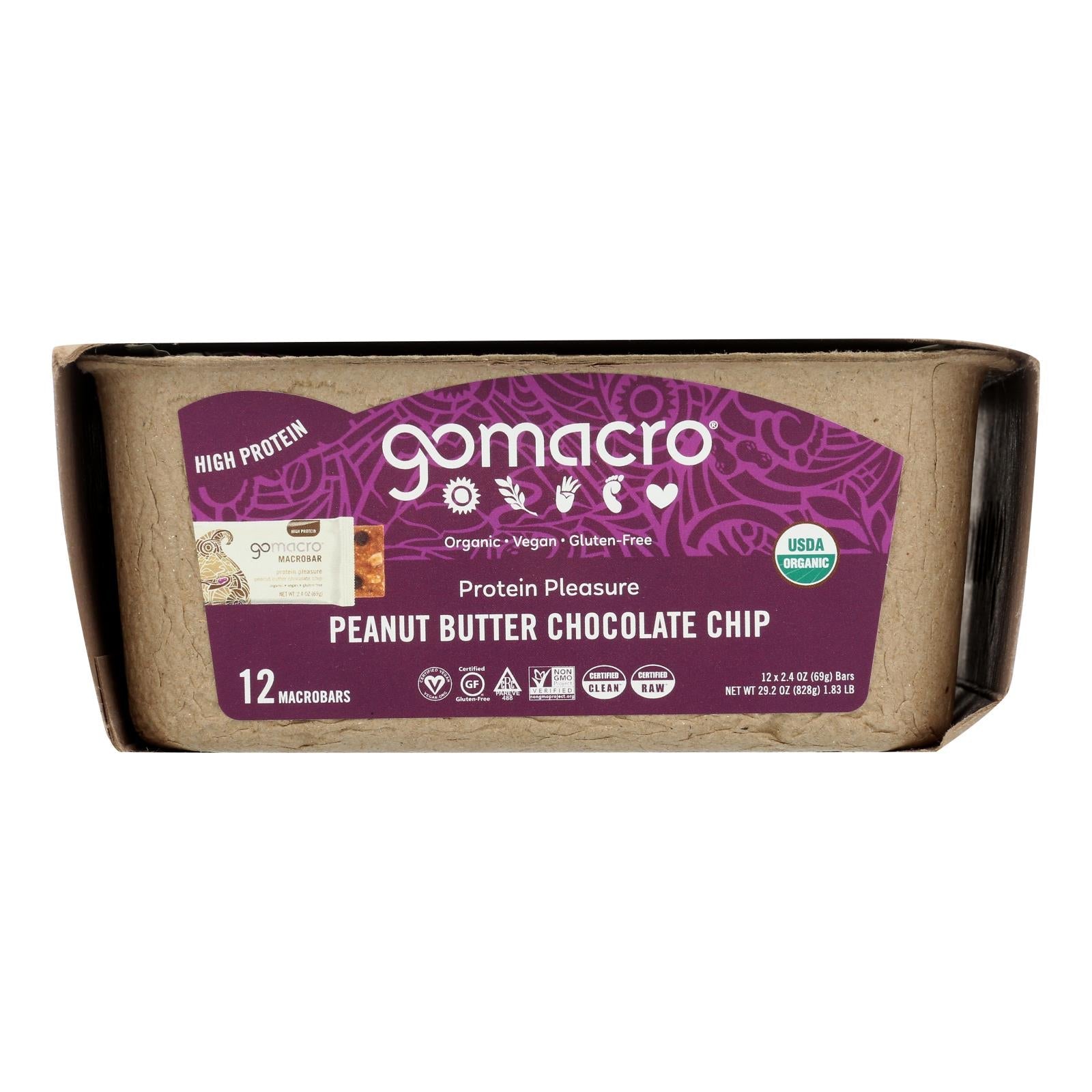 Barras de mantequilla de cacahuete y chispas de chocolate orgánicas Gomacro Macrobar, 2.5 oz, caja de 12