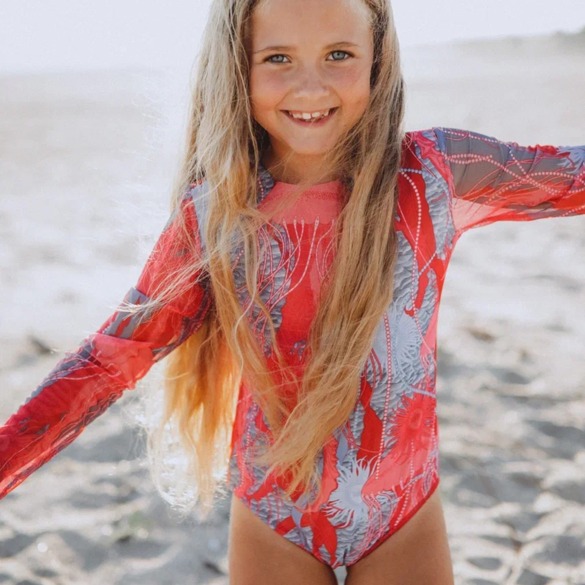 Kid's Girl's One-Piece Swimsuit With Sleeves Jellyfish Pink