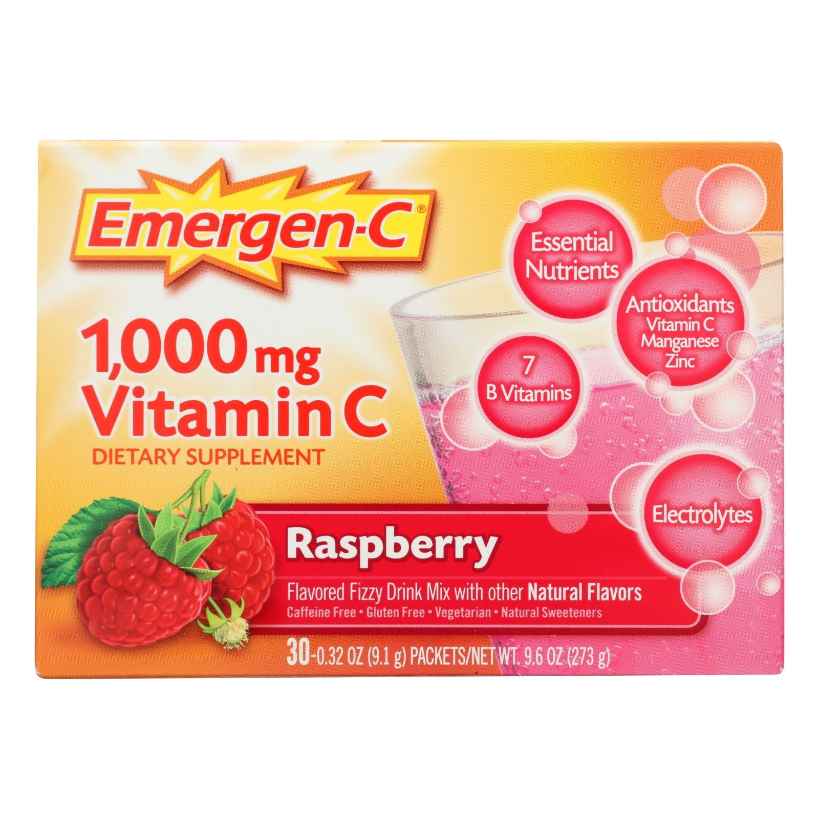 Emergen-C - Bebida de apoyo inmunitario con sabor a frambuesa, 30 sobres (paquete de 3)