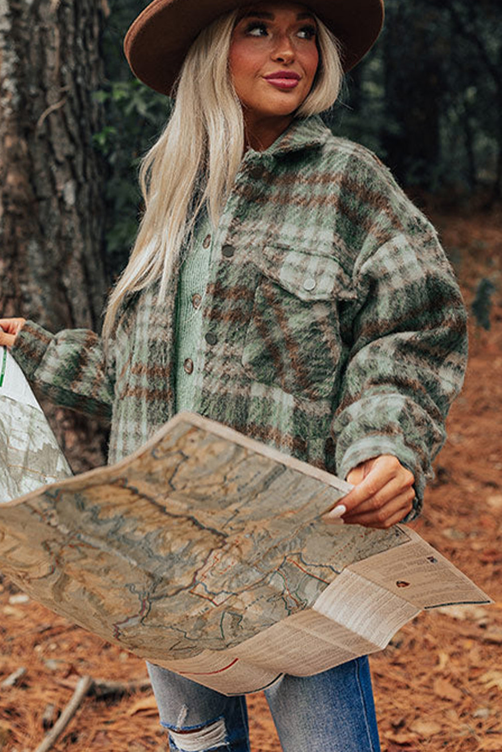 Plus Size Green Plaid Shacket Jacket