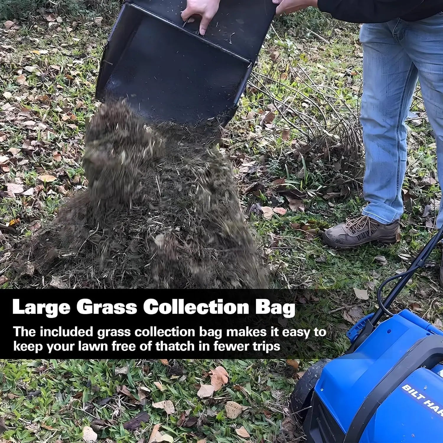 BILT HARD 15 Amp Electric Dethatcher & Scarifier: 16" Width, 14.5-Gallon Bag, 2-in-1 Walk-Behind Lawn Tool