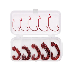 ProSeries High-Carbon Offset Fishing Hooks (Red) - Set of 50
