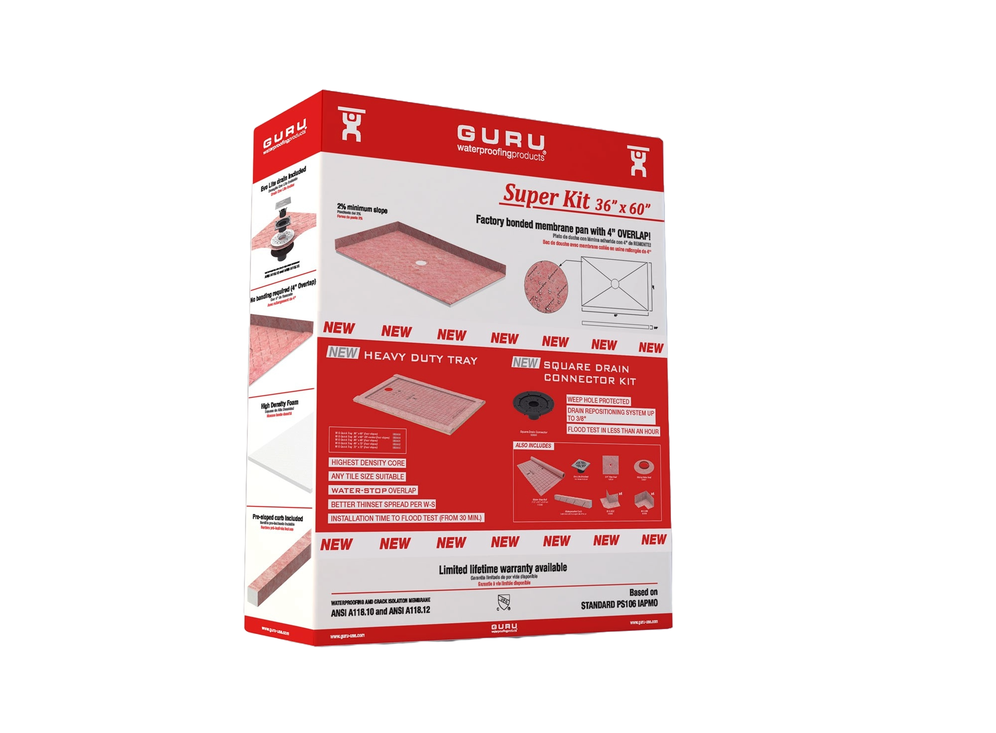 Guru Superkit Square Shower Tray 36" X 60" Center ABS Without Drain
