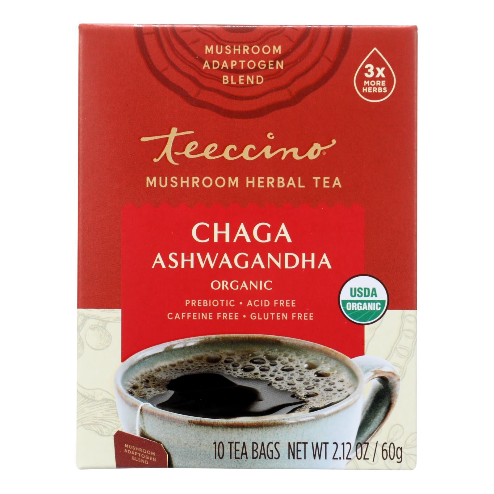 Té de champiñones Teeccino Chaga Ashwagandha - Caja de 60 bolsitas