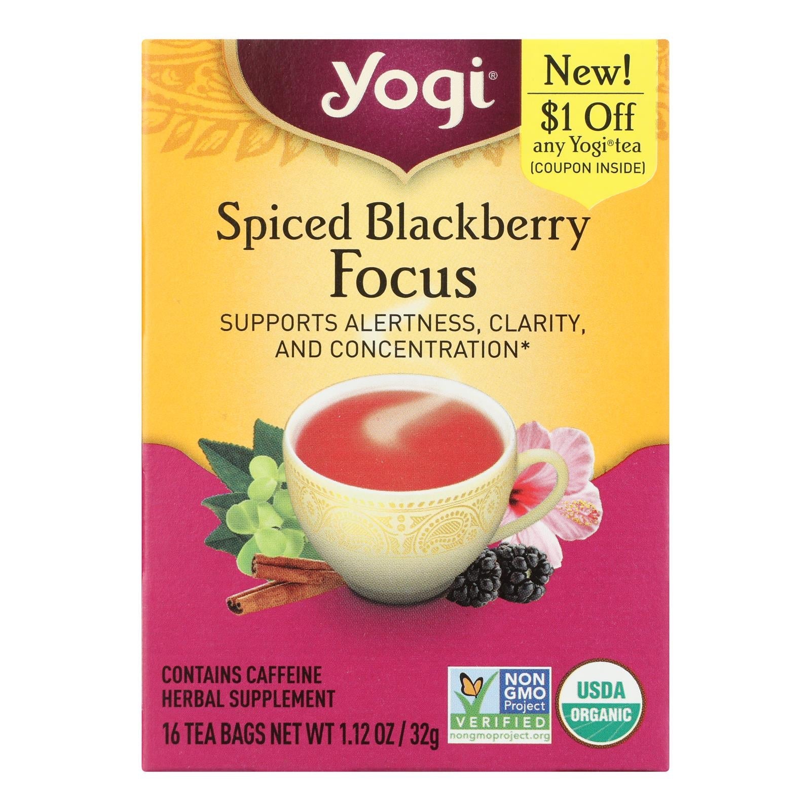 Té de Mora Concentrado Yogi Tea: Favorece la salud cerebral y contribuye a la función cognitiva - Caja de 6 (16 bolsitas)