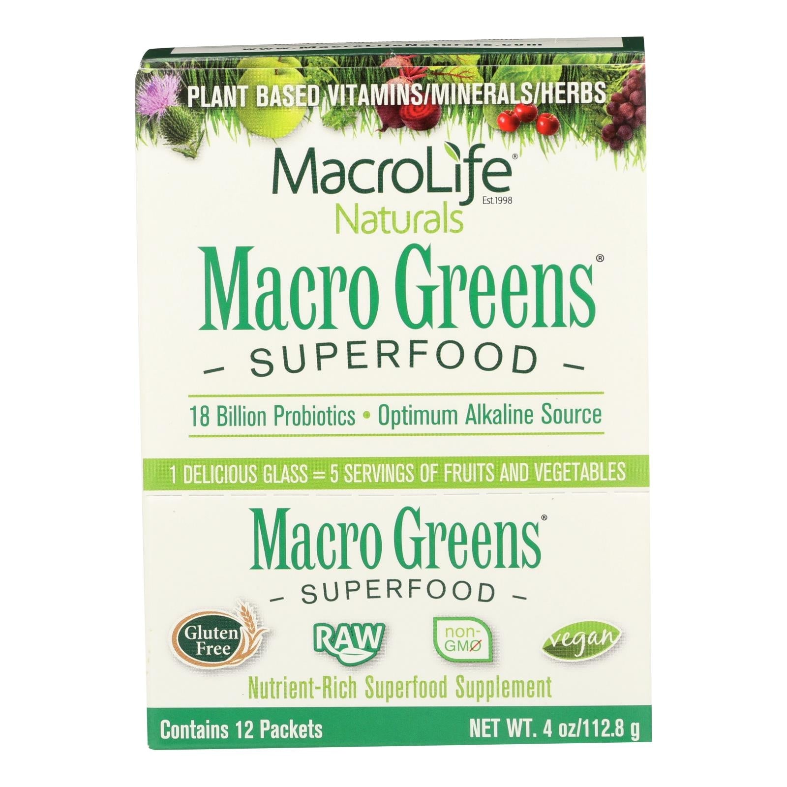 Macrolife Naturals Macro Greens - Sobres de superalimentos en polvo, 12 x 4 oz - Depuración vegana sin gluten