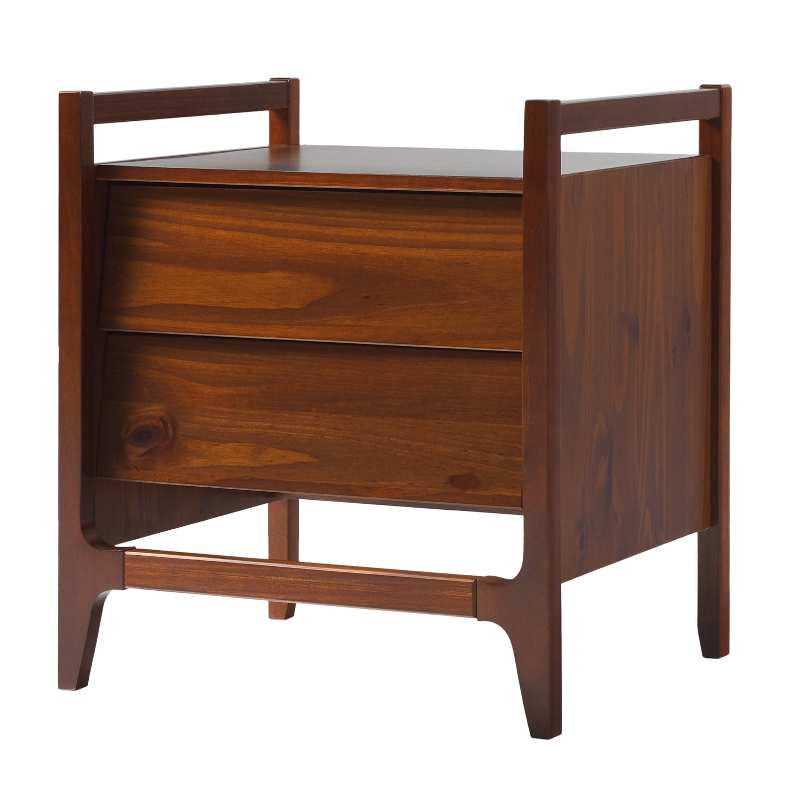 Mesita de noche de madera con dos cajones de estilo moderno de mediados de siglo de Oswald
