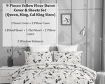 DaDa Bedding Yellow Fleur Golden Orange Botanical Ivory Duvet Cover & Fitted Flat Bed Sheets Set w/ Pillow Cases Window Valances (18112)