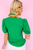 Bright Green Colorful Trim V Neck Short Sleeve Blouse