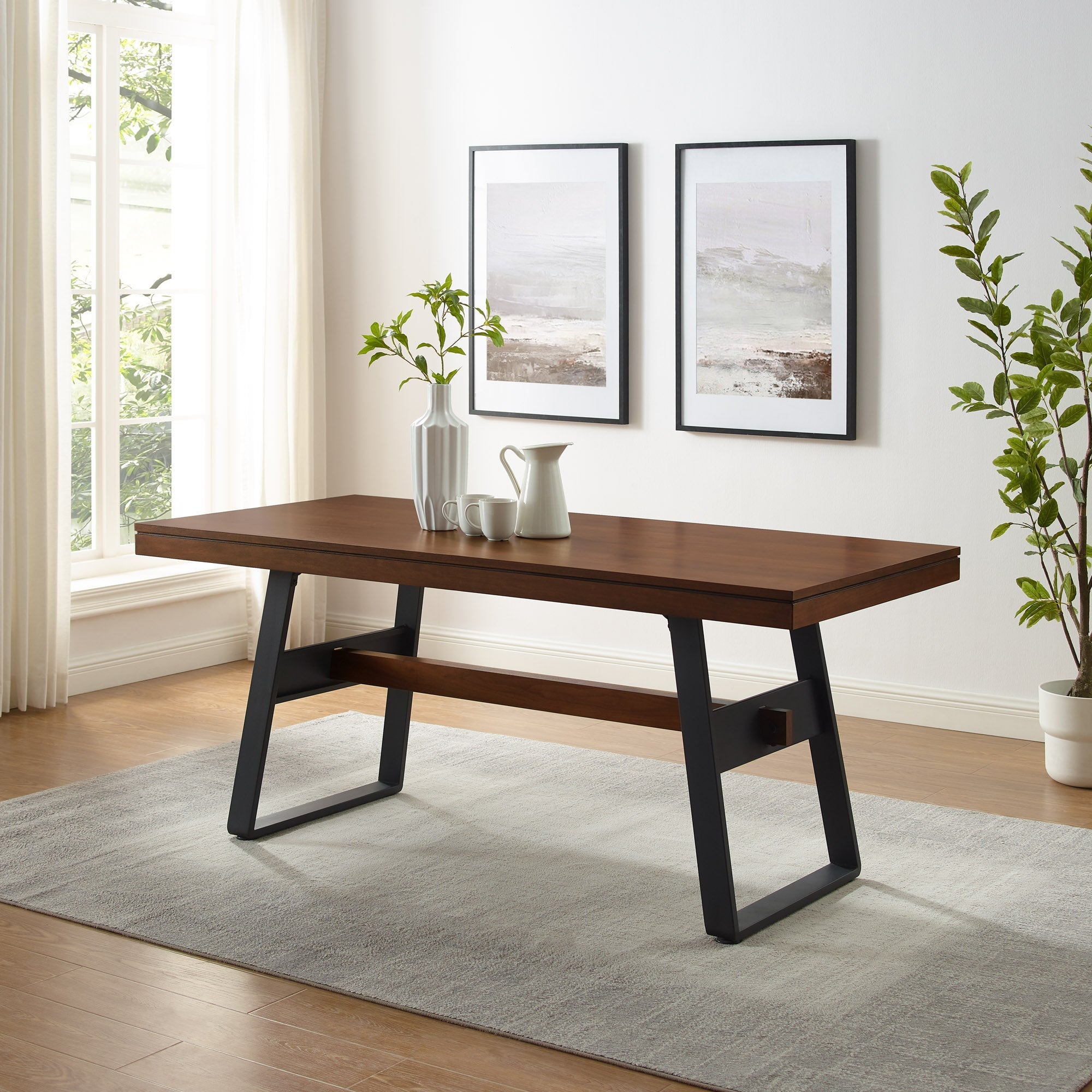 Mesa de comedor y escritorio con patas de puente de estilo industrial moderno de Brickell