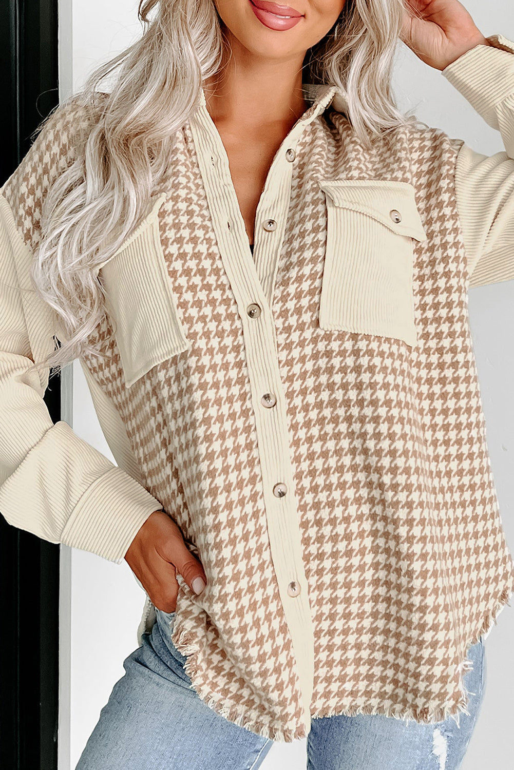 Long-Sleeve Corduroy Button-Down Shirt with Houndstooth