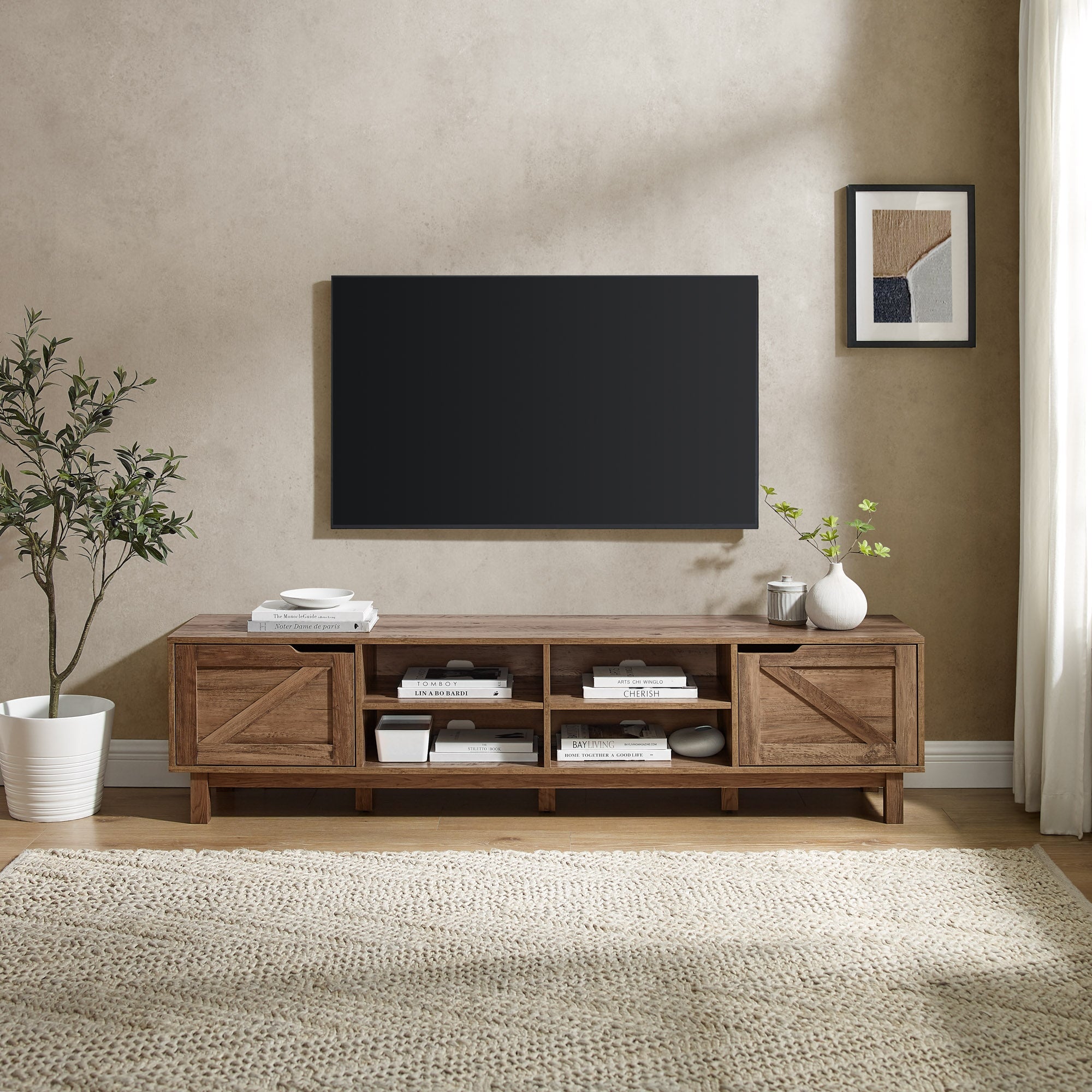 Mueble de TV rústico de 70" con puerta de granero