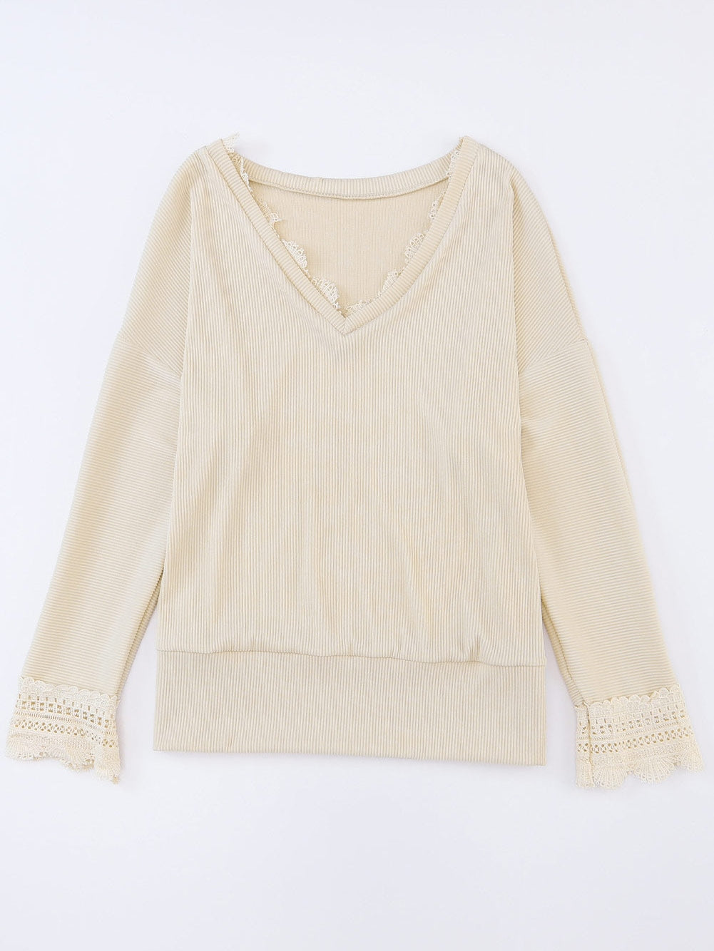 Relaxed Fit Ribbed Knit Blouse with Lace Trim