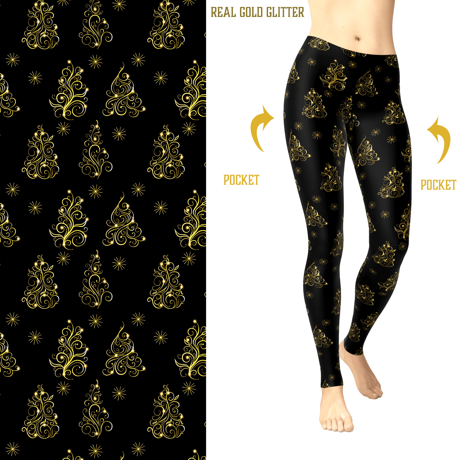 Golden Christmas Glitter Tree Leggings Holiday Trees with and Pockets