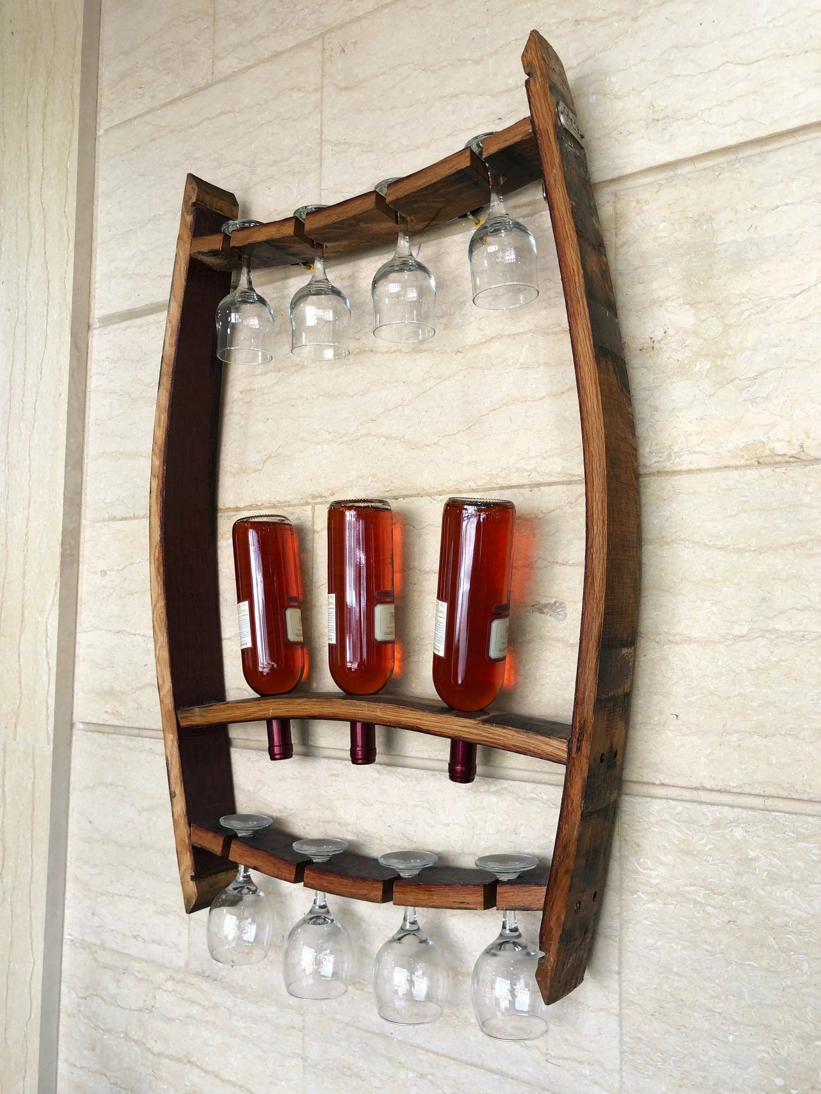 Juego de botelleros de pared para barriles de vino - Paquete de 2 botelleros y expositores de copas - Decoración perfecta para los amantes del vino