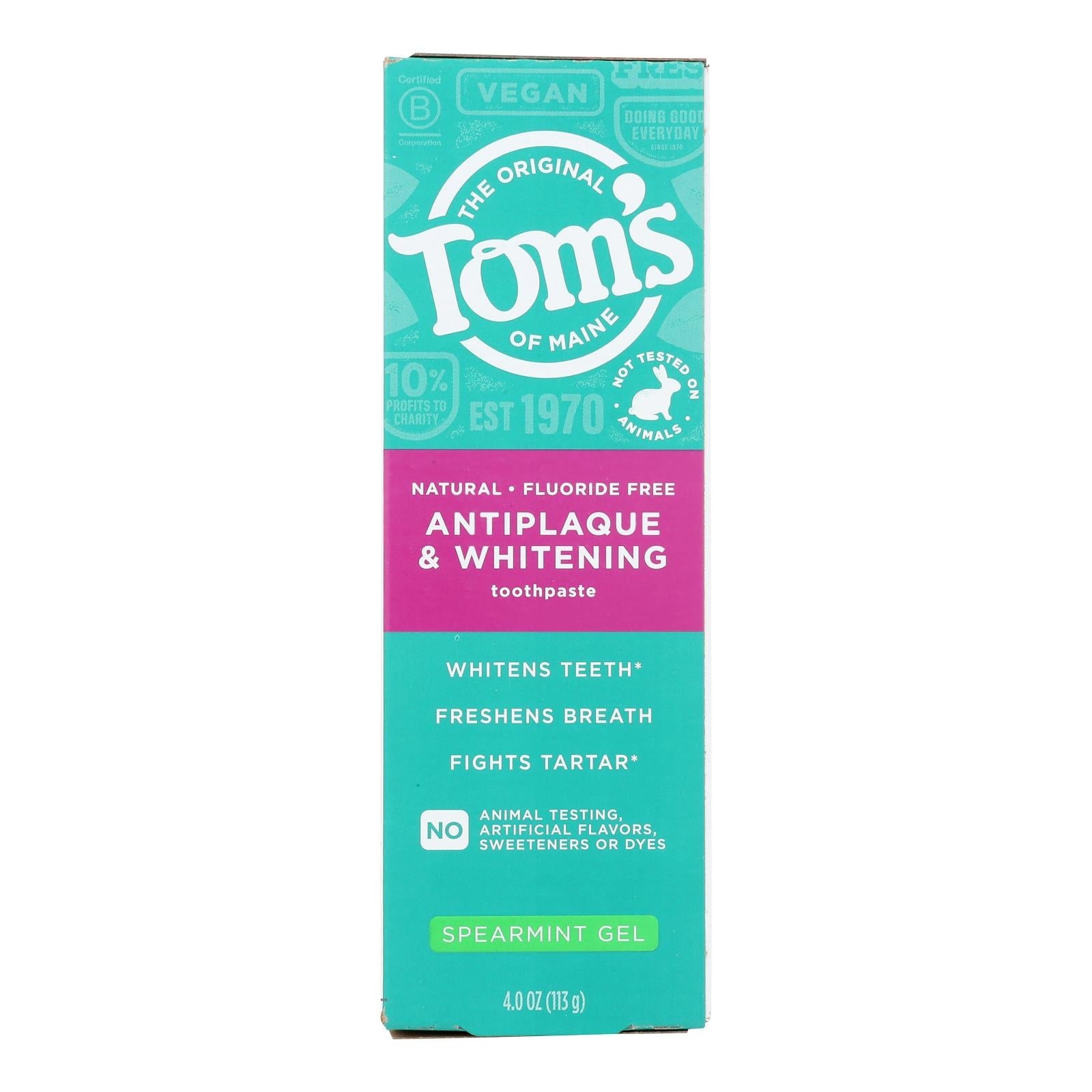 Pasta dental blanqueadora en gel Tom's of Maine, menta verde sin flúor, paquete de 6 (tubos de 113 g)