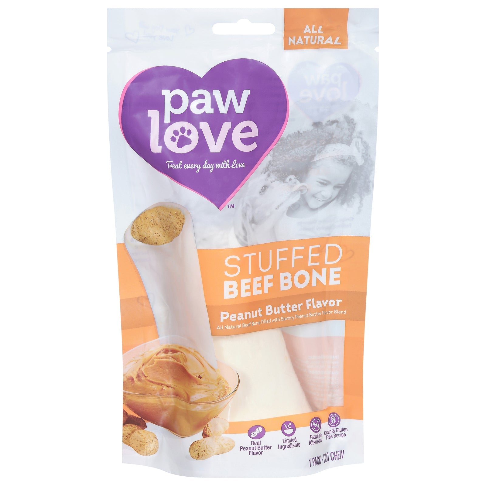 Hueso de res relleno de mantequilla de maní Paw Love - Paquete de 6 unidades