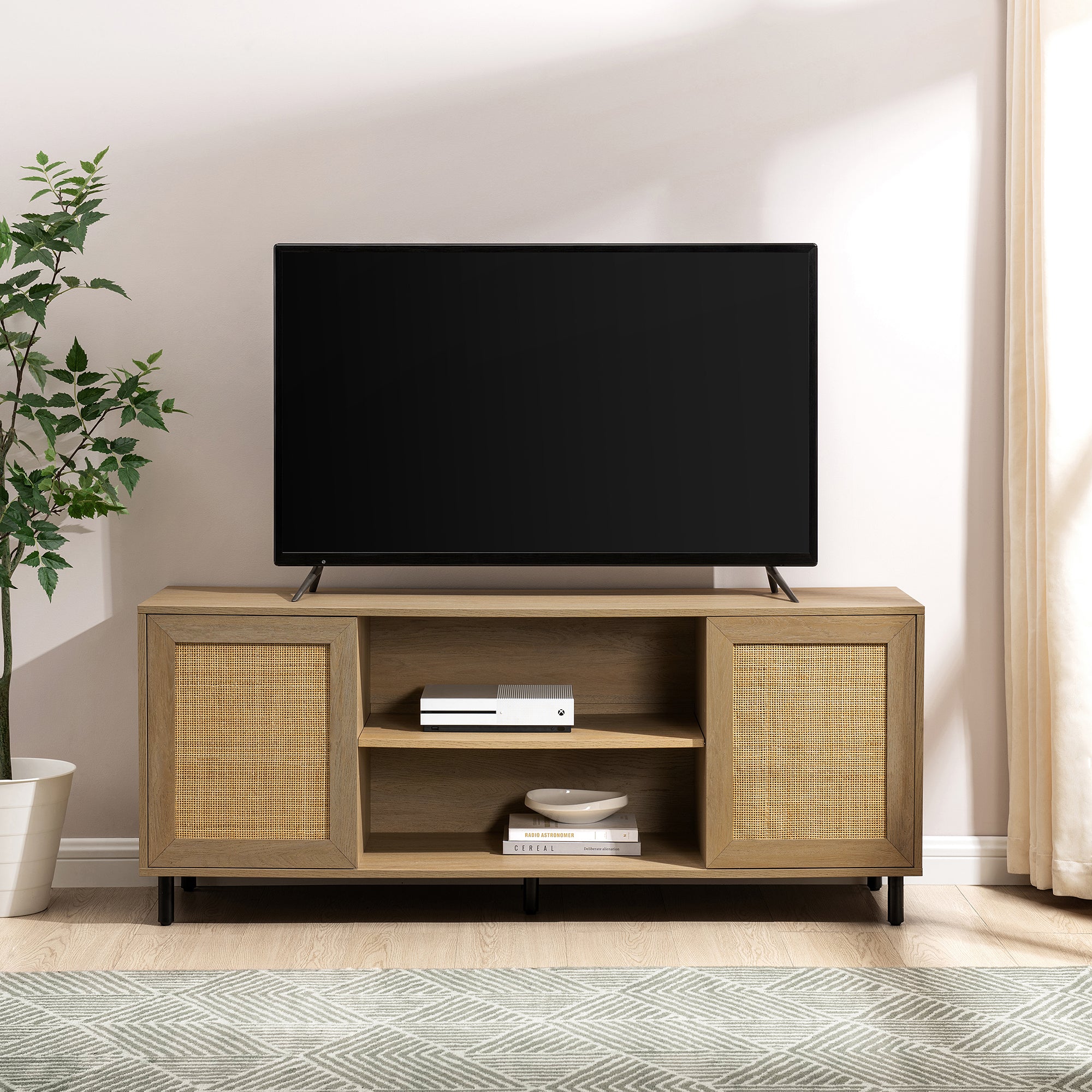 Mueble de TV de 58" con 2 puertas de madera y ratán