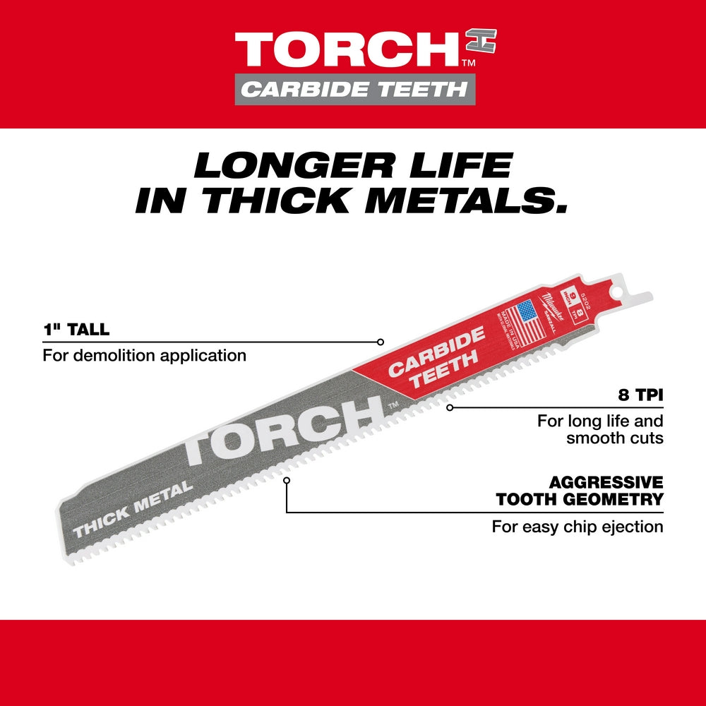 Milwaukee 48-00-5202 Hoja SAWZALL® con dientes de carburo TORCH™ de 9" y 8 TPI, paquete de 1