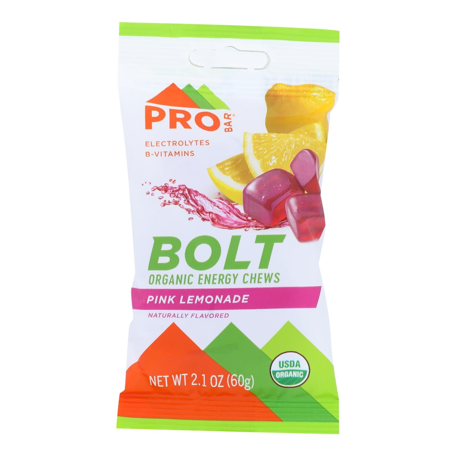 Masticables energéticos orgánicos PROBAR Bolt – Limonada rosa, 59 g (caja de 12)