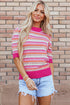 Red Striped Knitted Short Sleeve Sweater Top