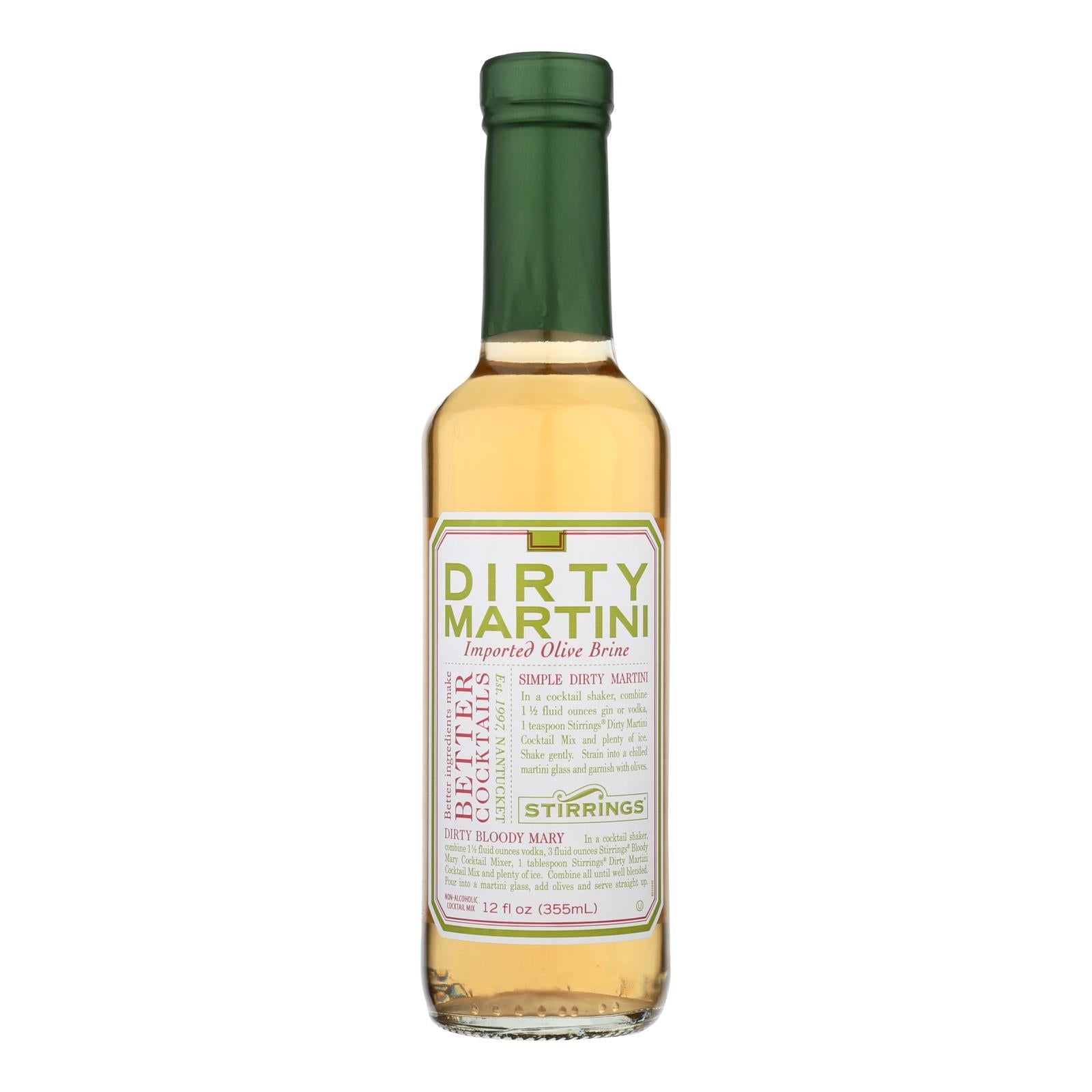 Stirrings Dirty Martini Mix 12 oz – Mezclador de cóctel de salmuera de aceitunas totalmente natural (Caja de 6)